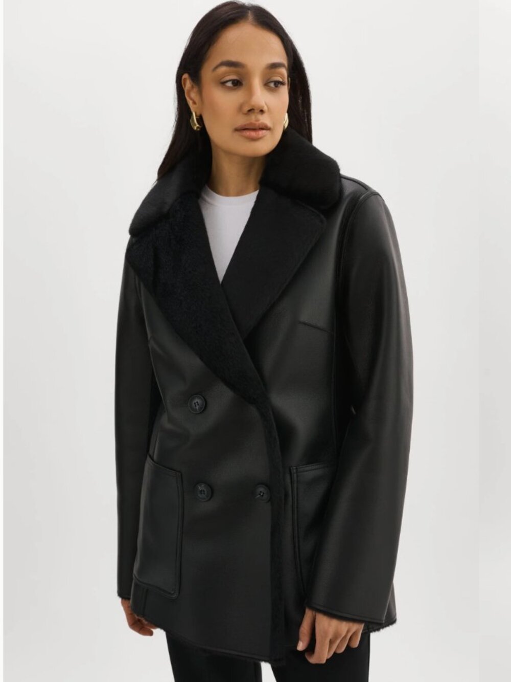 NWT LAMARQUE Camille Reversible Faux Shearling Jacket Black XXS $395 Vegan Coat